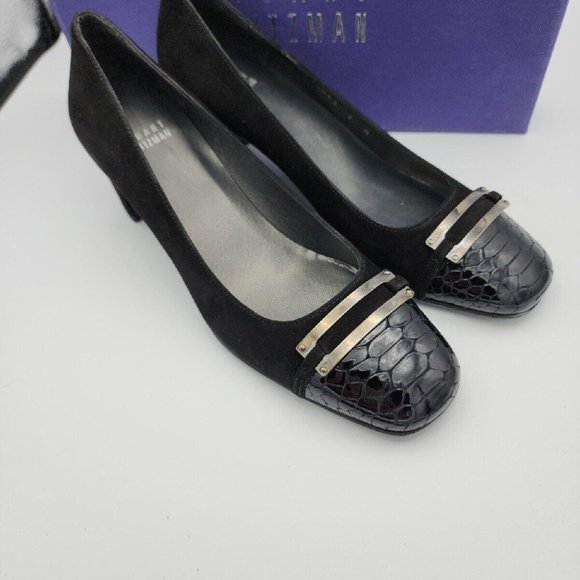 Stuart Weitzman "Joining" BlackSuede Heels w/ Snakeskin Cap Toe Pumps $475 Spain - Picture 2 of 9